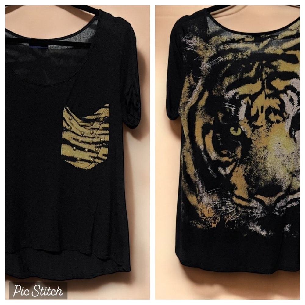 👚2/$10👗3/$12 The Clas-sic Black Tiger Back Graphic Print Gold Stud Pocket Tee